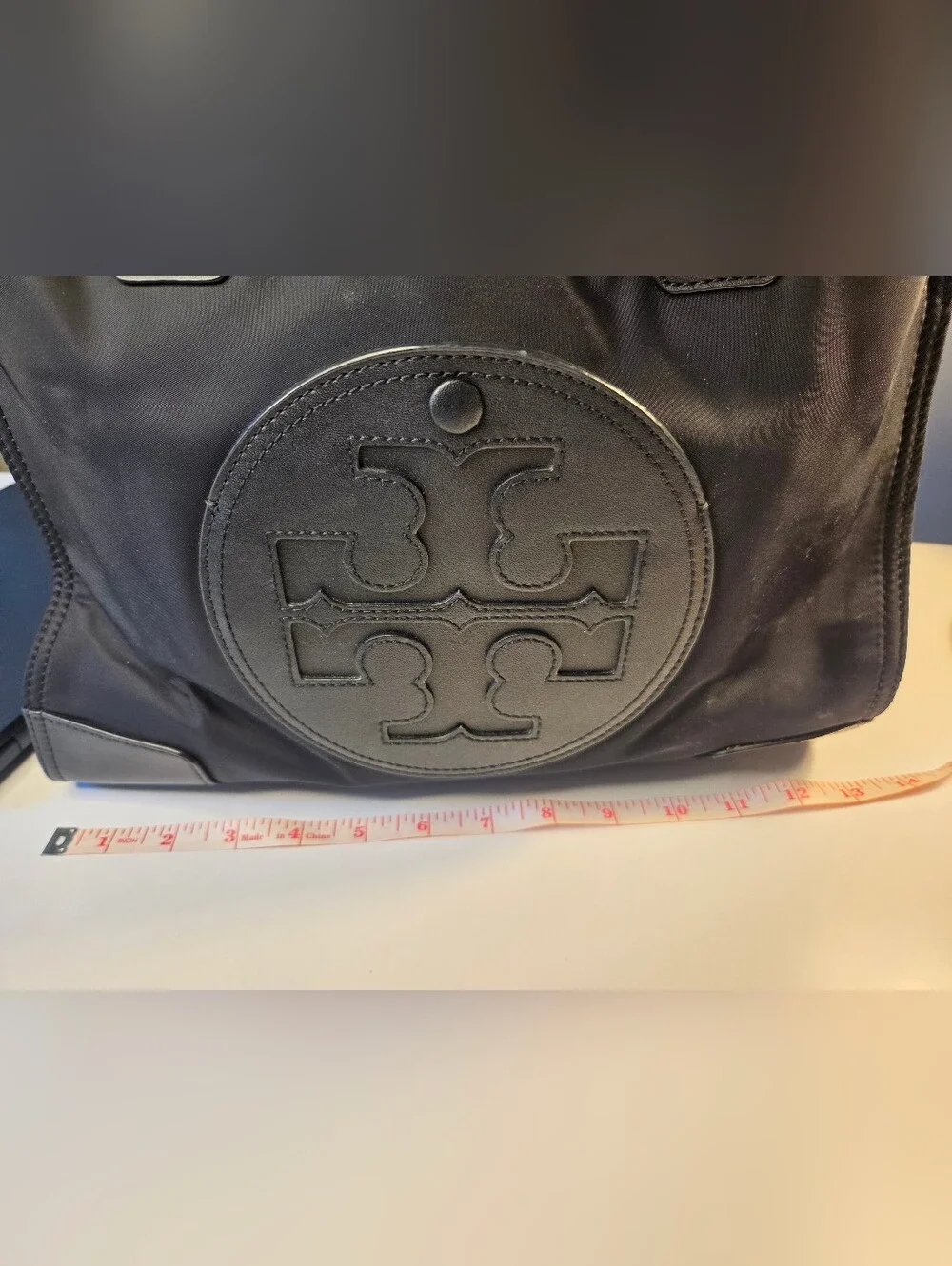 Tory Burch Ella Black Nylon Leather Tote Bag Authentic Logo Design
